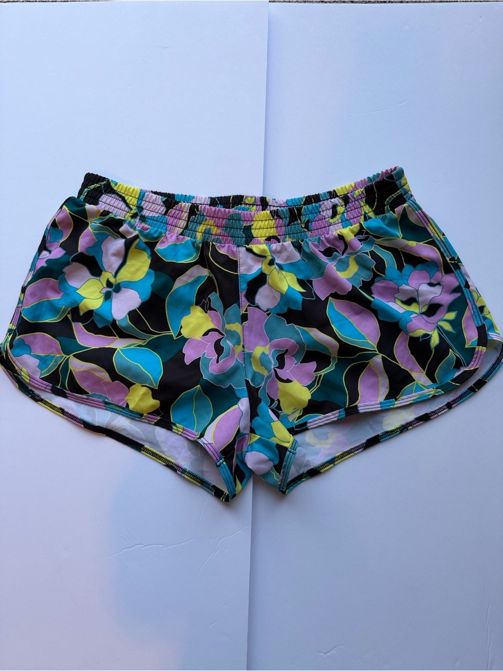Floral Athletic/swim Shorts in Black with Teal, Yellow & Lavender